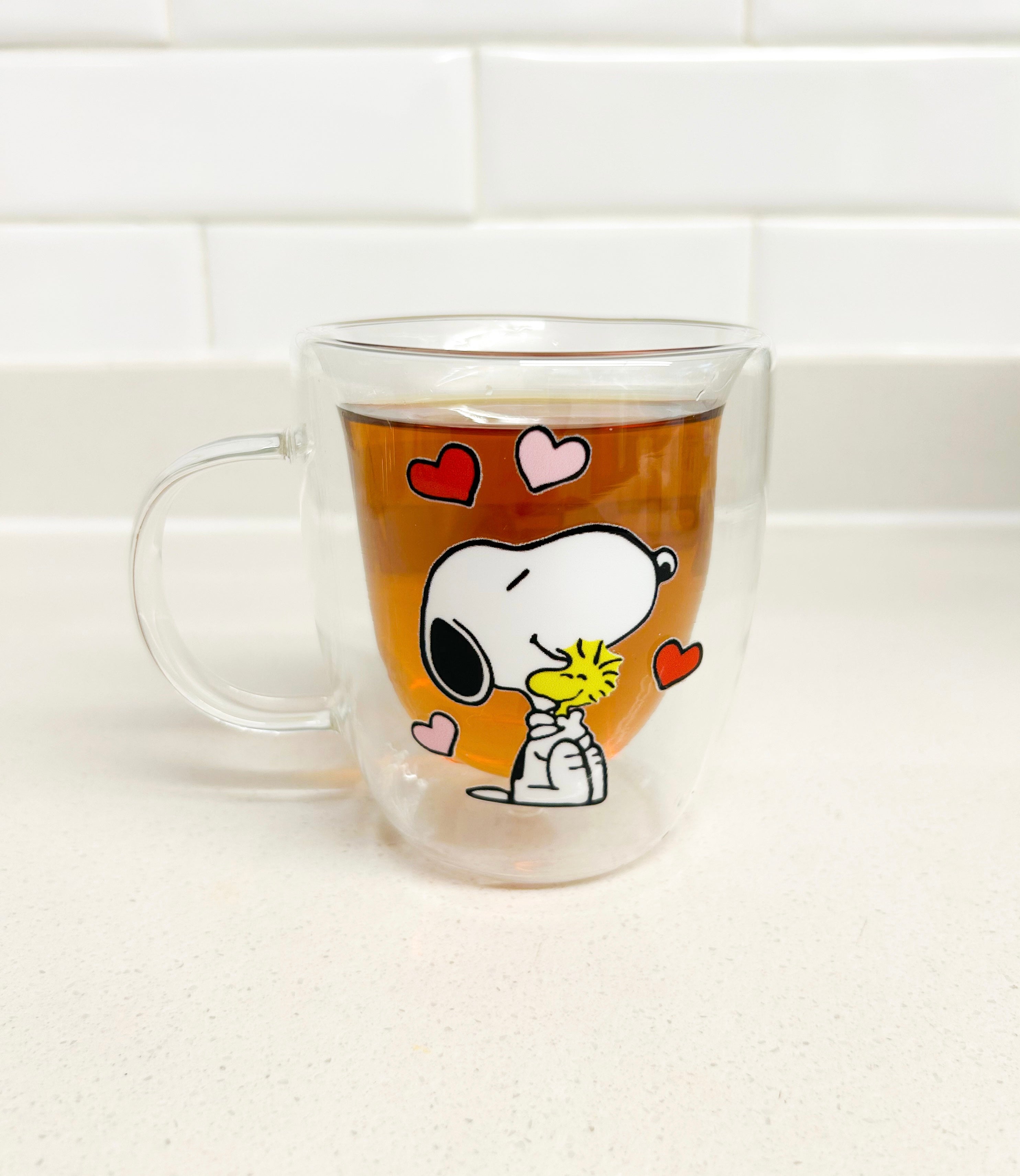 Taza Snoopy y Woodstock doble pared de vidrio